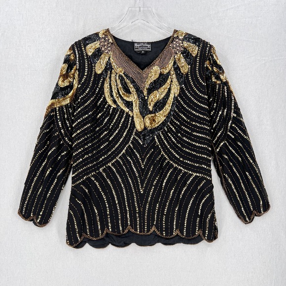 Royal Feelings Tops - VINTAGE 80s ROYAL FEELINGS Sequin Top Womens Small Black Gold Beaded Long Sleeve